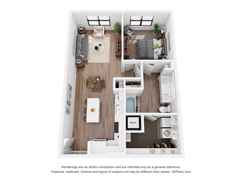 A floor plan of a house with a kitchen, living room, dining room, and bathroom.